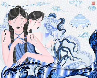 Blue Water blue and white porcelain blue illustration character illustration chinese girl chinese style illustration octopus traditional chinese water illustration