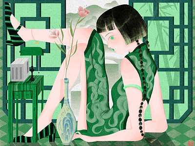 Green leaf art cheongsam chinese illustration chinese porcelain chinesestyle design digital painting girl illustration green illustration hair style high heel illustration long braid porcelain procreate