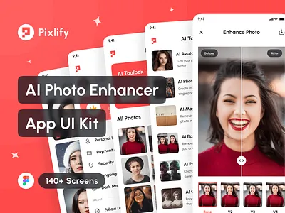 Pixlify - AI Photo Enhancer App UI Kit ai app ai art generator ai avatar generator ai image generator ai photo editor ai photo enhancer ai photo retouching app app design application design design system interface mobile mockup portfolio ui ui design ui kit uiux