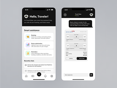 Travel Mate AI bot ai app booking bot chat interface mobile ticket travel ui ux