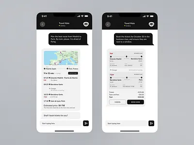 Travel AI Chat Assistance ai app assistant booking bot chat design interface mobile ticket travel ui ux