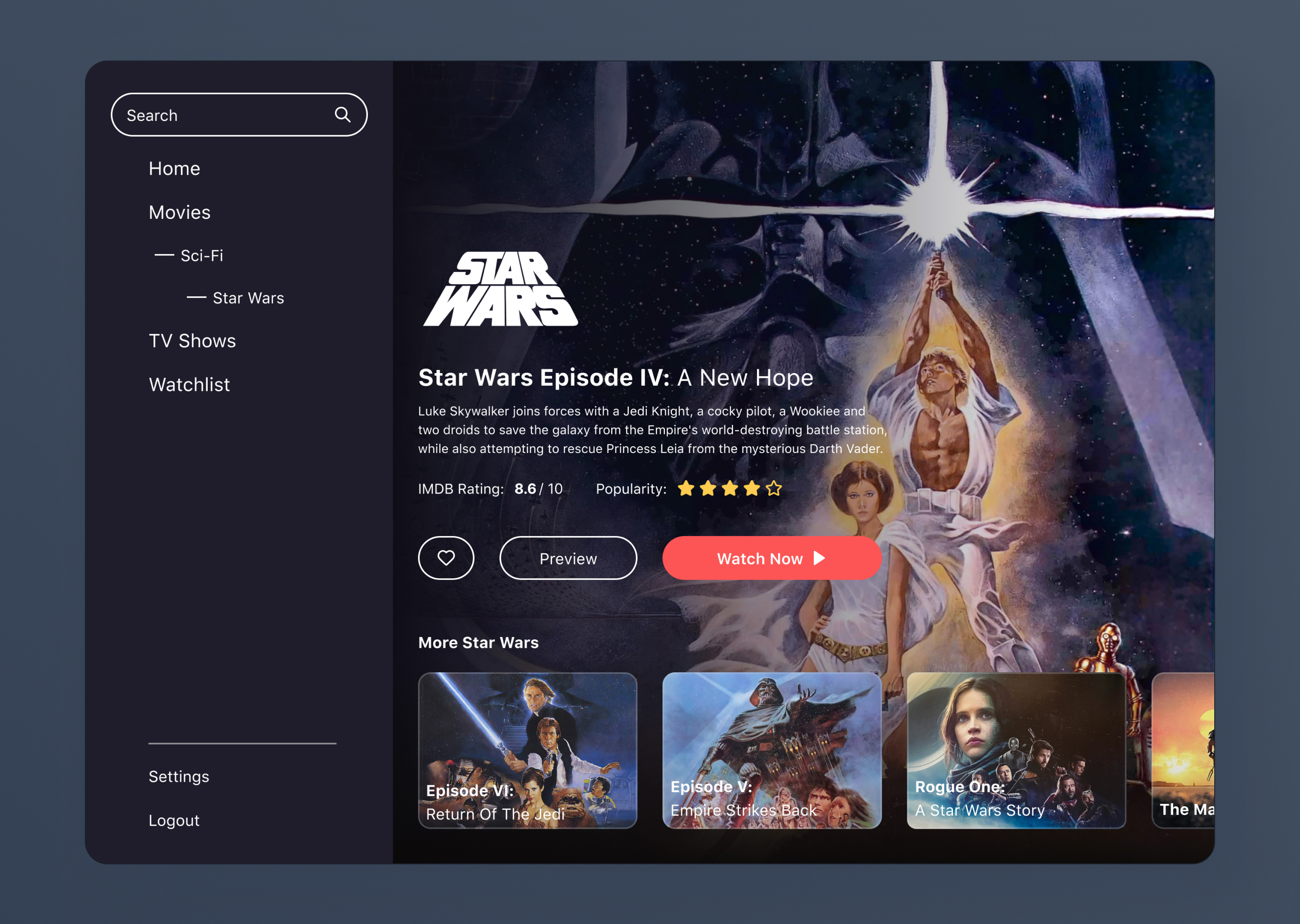 DAY 025 / TV APP daily ui desktop entertainment interface smart tv star wars tv app ui ux