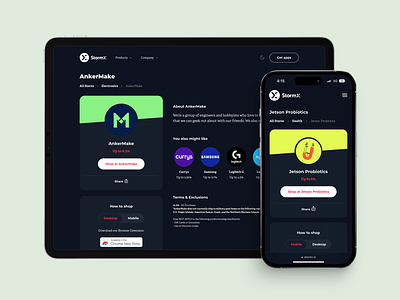 Brand Pages @ StormX cashback crypto crypto currency dark mode finance fintech marketplace minimal shop shopping ui ux