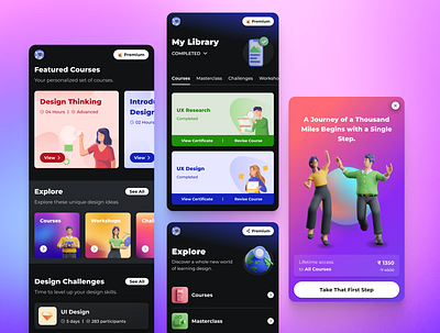 Dark Theme EdTech App UI - Home Screen, Courses Screen 3d icons 3d illustrations courses page dark dark mode dark theme gradients home home page illustrations learn learning patterns premium page pricing ui user interface