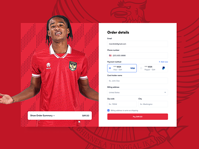 Daily UI challenge 02/30 - Credit card checkout app checkout page credit card app credit card page daily ui daily ui challenge football app football design indonesia jersey app mobile app mobile payment order details payment page ui user experience user interface ux