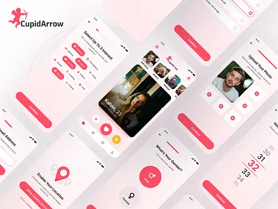 CupidArrow Dating App: iOS/Android UI/UX Vol-2 android app app ui clean dating dating interest friends ios app matromony minimalist modern app multi step signup onboarding photo gallery pink app profile setup signup ui uiux