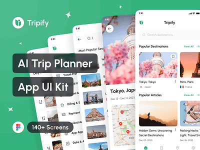 Tripify - AI Trip Planner App UI Kit ai ai travel planner ai trip planner app app design application design design system figma interface mobile mockup portfolio tourism app travel app ui ui design ui kit uiux uxui