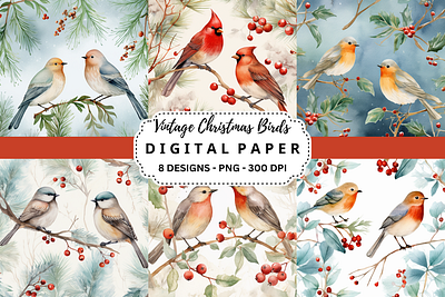 Vintage Christmas Birds Backgrounds commercial use art