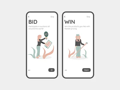 Auction app Onboarding Design app auction back bid cta cute design green hierarchy illustration initial screen onboarding pink pretty proceed queen skip starting ui win