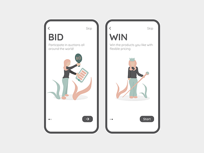 Auction app Onboarding Design app auction back bid cta cute design green hierarchy illustration initial screen onboarding pink pretty proceed queen skip starting ui win