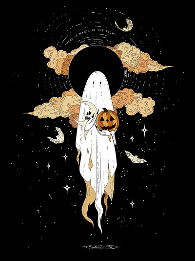 Ghost with moon and pumpkin 2d design graphic design hellowen illustration illustrator vector