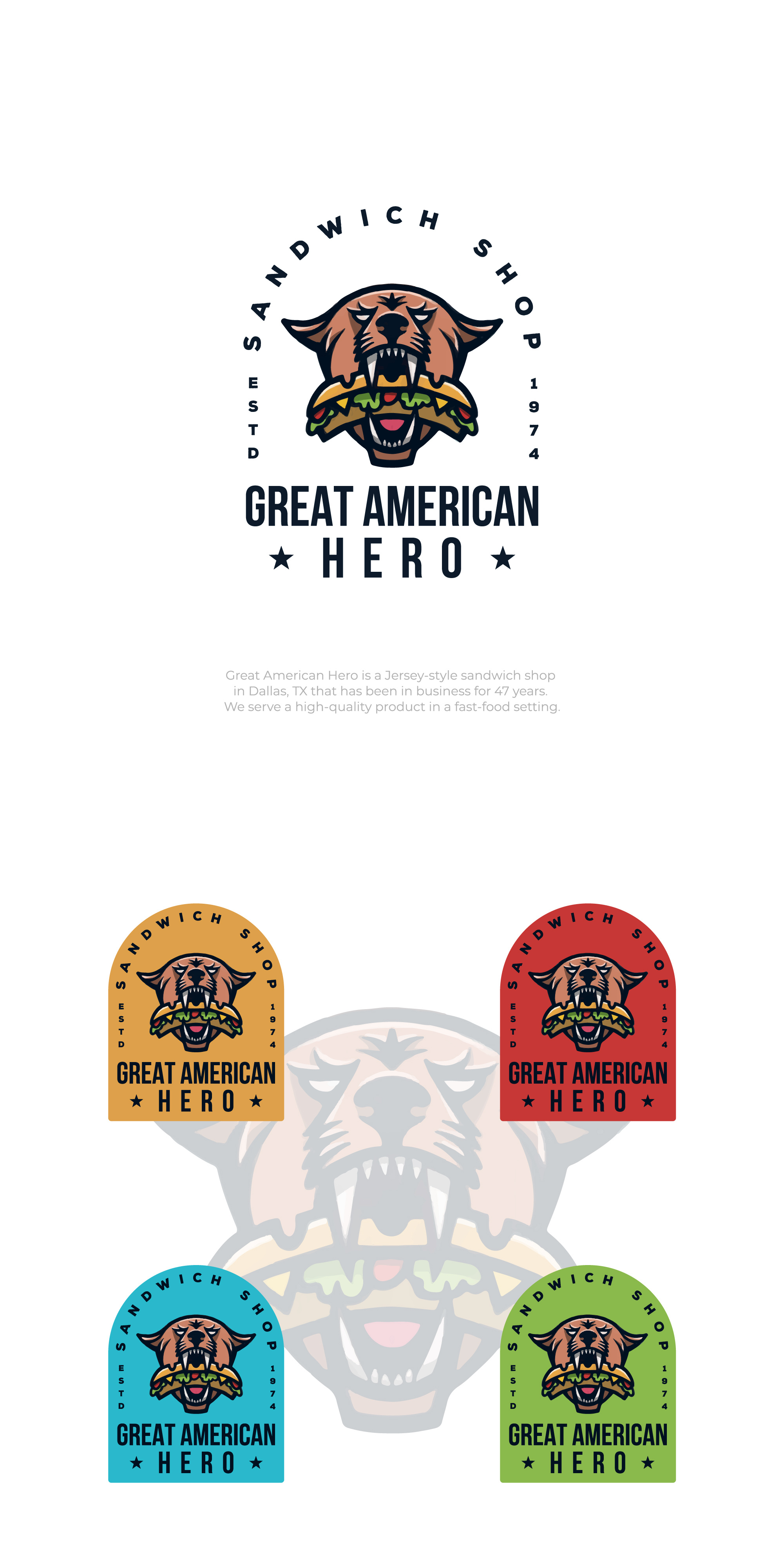 Great American Hero america american animal logo animals badge branding cartoon cougar design emblem emblem logo food graphic design logo logos mascot sandwich sandwich shop vector