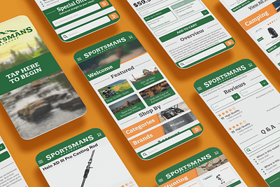 Sportsman's Warehouse Kiosk Design branding camping ecommerce figma green hunting illustrator interface kiosk mobile orange retail sportsmans ui ux web design xd