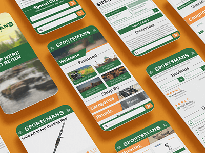Sportsman's Warehouse Kiosk Design branding camping ecommerce figma green hunting illustrator interface kiosk mobile orange retail sportsmans ui ux web design xd