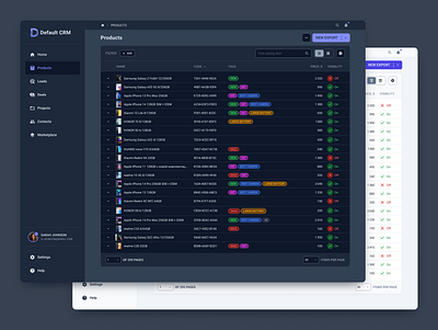 CRM interface crm dark theme products table ui