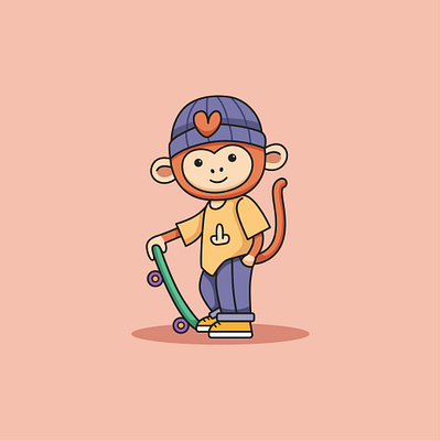 Cute Monkey Skateboard animal cartoon cute design funny illustration logo