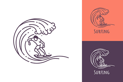 Surfing line art logo branding design graphic design icon line line art logo man monoline ocean outline people sea simple surf surfer surfing surfing logo water wave