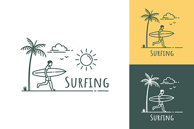 Simple surfer design vector illustration beach branding design graphic design illustration island line line art man monoline outline palm simple summer sun surf surfboard surfer surfing tree