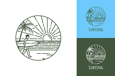 Line art logo of surfing on tropical beach beach branding design illustration island line line art logo monoline ocean outline palm sea simple stamp sun sunset surf surfer surfing
