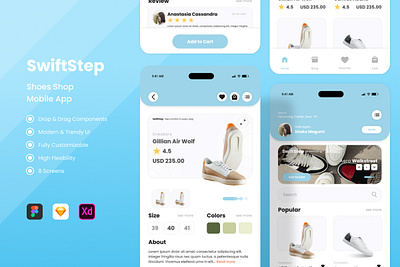 SwiftStep - Shoes Shop Mobile Apps application apps brand buying collection discovery elegant look mobile offer page product sale shoes shopping size ui ux
