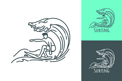 Surfing line art logo branding club design graphic design illustration line line art monoline outline sea sign simple surf surfboard surfer surfing symbol tide water wave