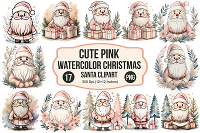 Pink Watercolor Christmas Santa Clipart sticker
