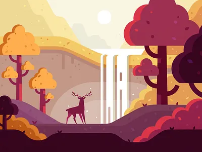 Autumn Waterfall autumn deer forest illustration nature orange red tree waterfall yellow
