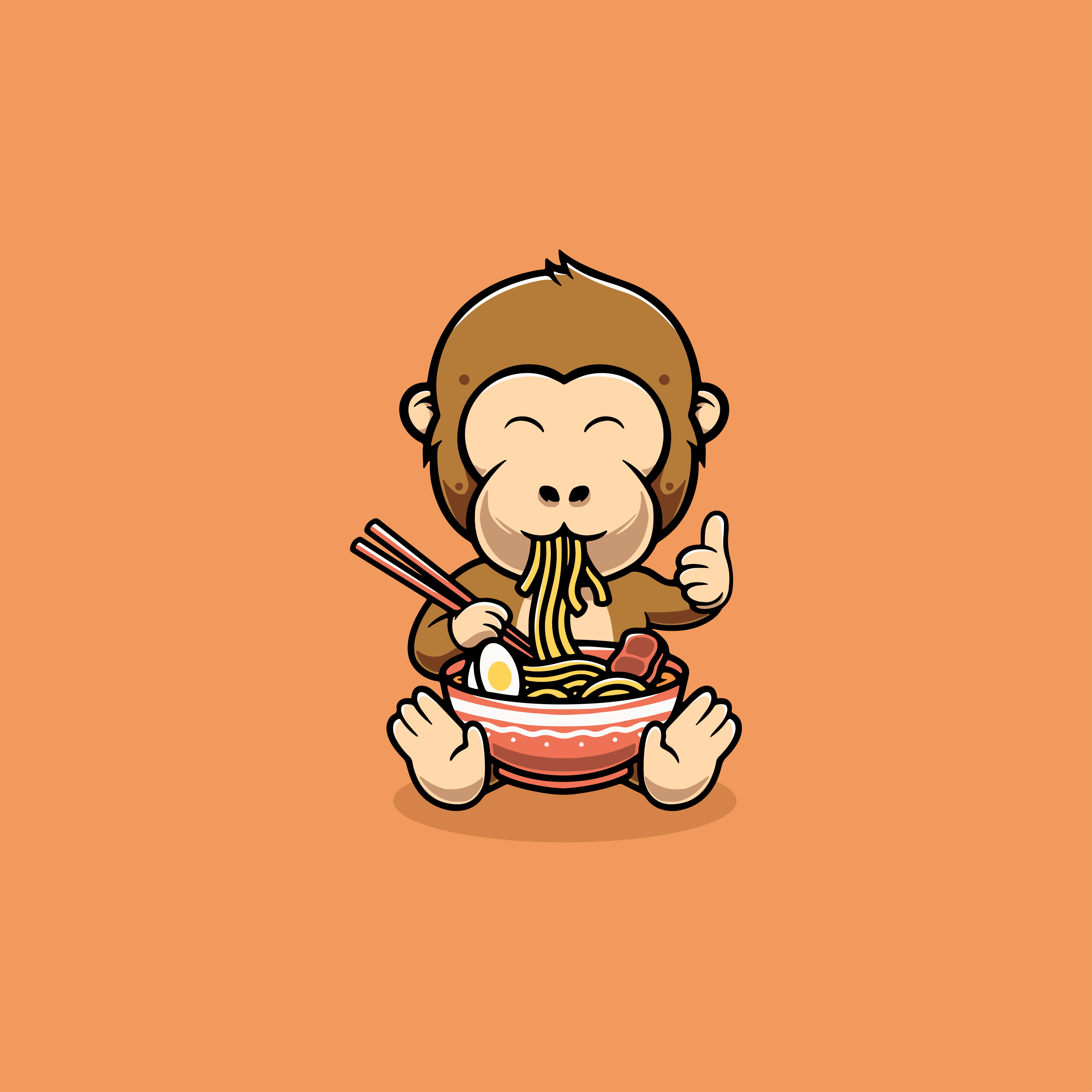 Cute monkey eating ramen cartoon illustration branding