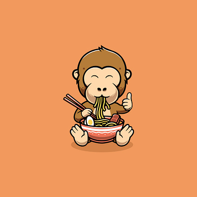 Cute monkey eating ramen cartoon illustration branding