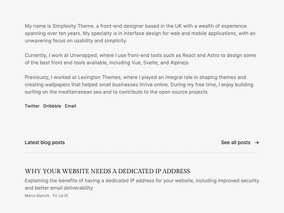 Simplexity ⏤ Personal & Blog multipage theme. blog clean light minimal quiet serif tailwind