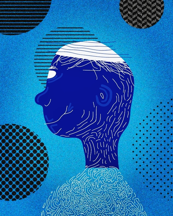 A surreal illustration with a blue man and patterns