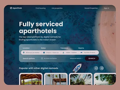 ApartHub: Apartment/hotel search for digital nomads 30daysofwebdesign aparthotel aparthotel search aparthotels apartment search apartments branding challenge digital nomad digital nomads freelance freelancer glass effect glassmorphism hotel finder hotels ui ui design web design website design