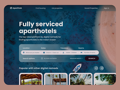 ApartHub: Apartment/hotel search for digital nomads 30daysofwebdesign aparthotel aparthotel search aparthotels apartment search apartments branding challenge digital nomad digital nomads freelance freelancer glass effect glassmorphism hotel finder hotels ui ui design web design website design