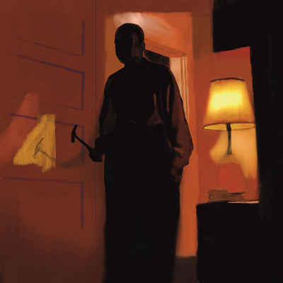 // Sling Blade carricature character dark drawing hammer illustration lighting moody movie scene procreate scary