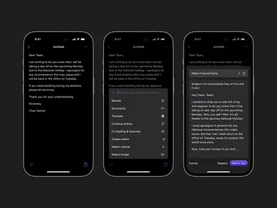 AI Writing iOS App Design - Dark Mode ai apple app dark mode design ios app minimalist mobile app mobile app design note notes simple swiftui writing writing app