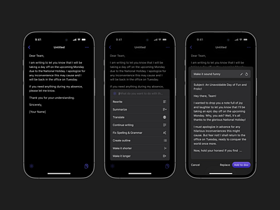 AI Writing iOS App Design - Dark Mode ai apple app dark mode design ios app minimalist mobile app mobile app design note notes simple swiftui writing writing app