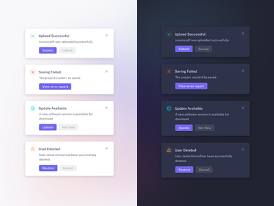 Toast Notifications - Vuexy Design System alert analytics atomic design auto layout button card component crm dark mode dashboard design system figma message notifications popup sass success toast vuexy design system uikit warning