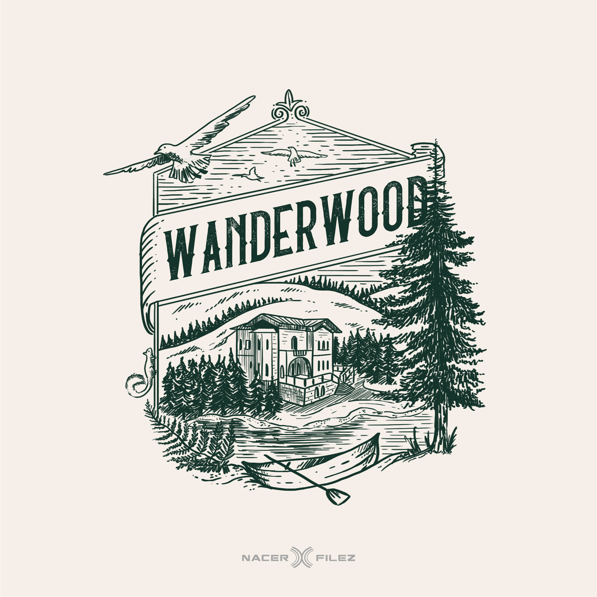 WanderWood branding emblem emblem logo engraving graphic design hand drawn illustration ink logo ink style lineart logo logos nature old pen and ink vector vintage vintage design vintage illustration vintage logo