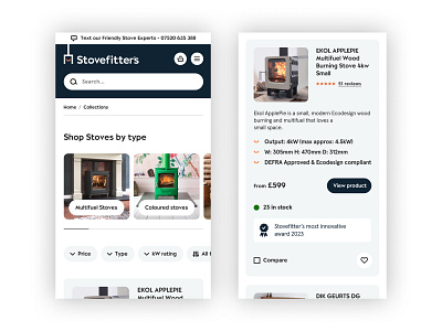 Mobile-first Shopify collection page UI for a fireplace store card ui clean ui collection opage eccomerce fire ui fireplace mobile ui modern ui product cards product ui shopify shopify collection stove