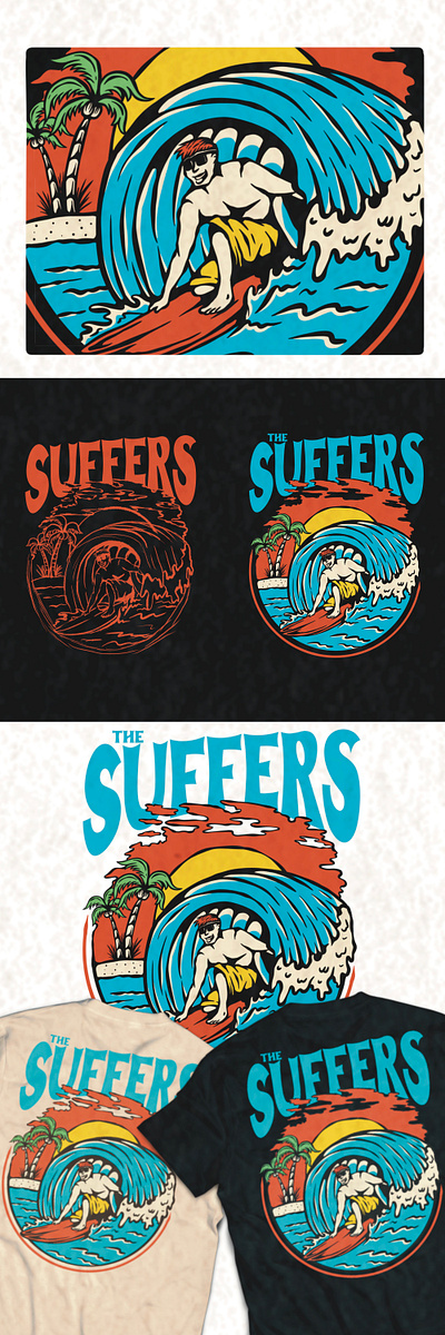 THE SUFFERS apparel badge beach commision custom handdrawn illustration logo retro surfing tshirt vintage wave