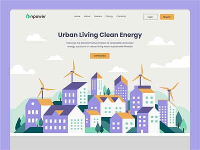 Clean Energy City Landing Page Illustration alternative energy building city cityscape clean clean energy construction eco energy green illustration landing page landscape modern techno smart city town vector website