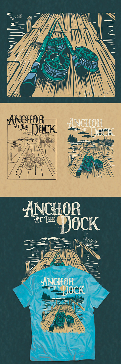 ANCHOR AT THE DOCK apparel badass badge branding dock fishing handdrawn illustration logo retro river sunset tshirt design vintage