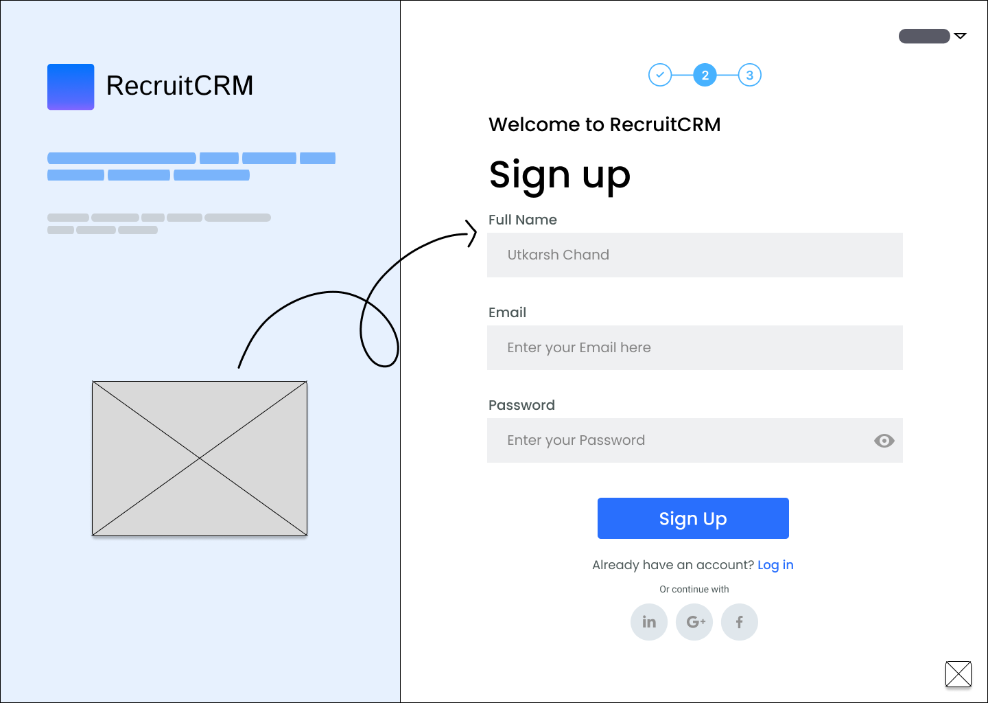 RecruitCRM Sign-Up Page Wireframe 3d animation app appui branding design figma graphic design icon illustration logo motion graphics prototyping typography ui user user research ux vector