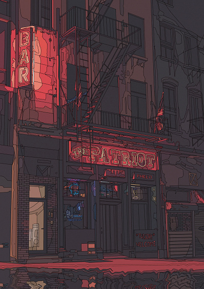Red bar architecture art brooklyn digital illustration new york painting street