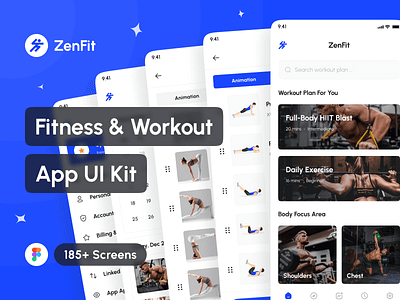 ZenFit - Fitness & Workout App UI Kit app app design application design design system figma fitness app gym app interface mobile mockup portfolio sport app ui ui design ui kit uiux uxui workout app yoga app