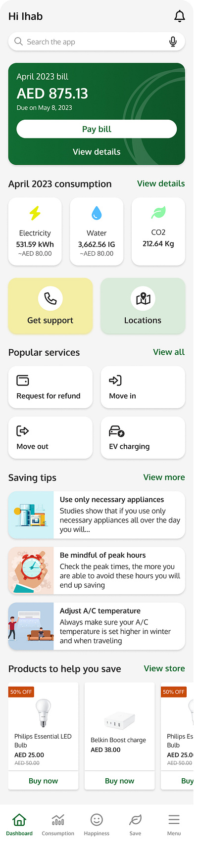 Re-design of Dubai's DEWA App homepage (Water & electricity) consumption electricity re design ui ux water