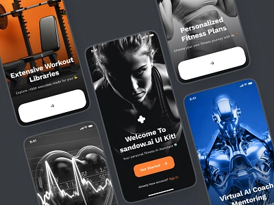 sandow UI Kit: AI Fitness & Nutrition App | Welcome Screen UIUX blue bold clean dark mode diet diet app exercise fitness fitness ai fitness ai app fitness app gym app health minimal nutrition nutrition app orange ui ui kit welcome screen