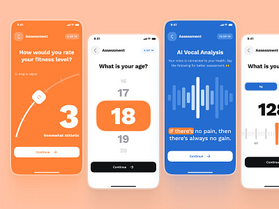 sandow UI Kit: AI Fitness & Nutrition | Fitness Assessment UIUX ai assessment blue clean diet app fitness ai app fitness analytics fitness app fitness assessment fitness data fitness onboarding gym app health assessment minimal nutrition app onboarding orange sound analysis ui kit voice analysis workout app