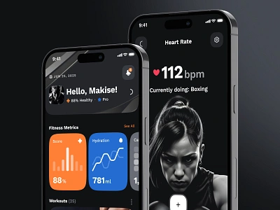 sandow UI Kit: AI Fitness & Nutrition | Virtual AI Coach ai fitness coach blue clean coach app dark mode diet app fitness analytics fitness app fitness data fitness metrics fitness monitoring heart rate monitoring minimal nutrition app orange strangehelix ui ui kit virtual ai coach workout app