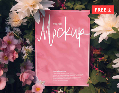 Poster Magazine in flowers PSD mockup (Free download) aesthetic colorful din a4 download flowers free freebie magazine mockup photoshop poster poster in flowers psd roses template